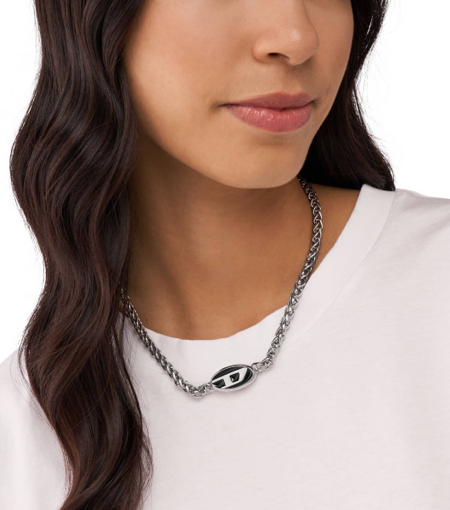 Men Oval D Logo Necklace Silver Stainless Steel