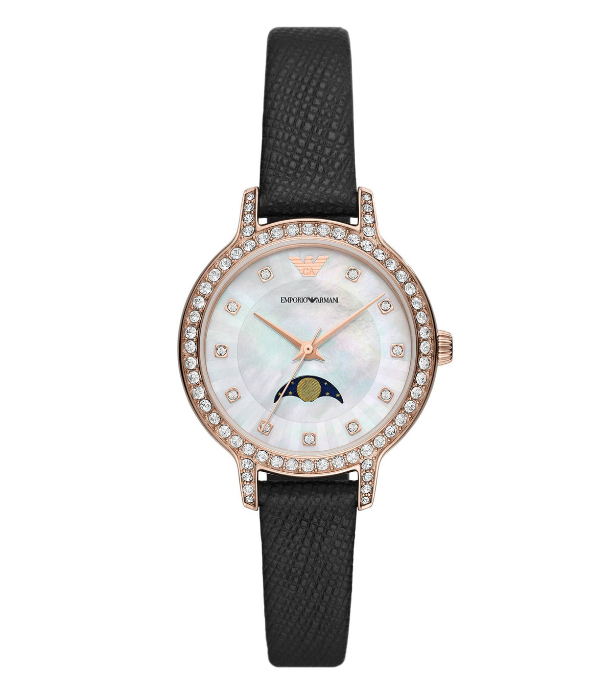 Stylish Emporio Armani black watch, angled for side view, showcasing sleek design and craftsmanship for watch enthusiasts.