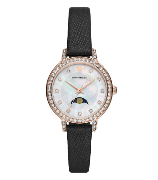 Stylish Emporio Armani black watch, angled for side view, showcasing sleek design and craftsmanship for watch enthusiasts.