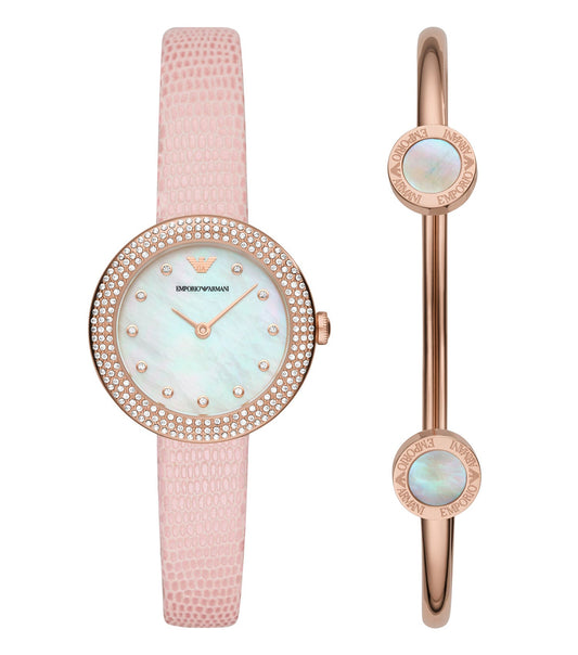 Emporio Armani pink watch with crystals, side angle view, stainless steel bracelet, stylish and elegant timepiece for trendsetters.