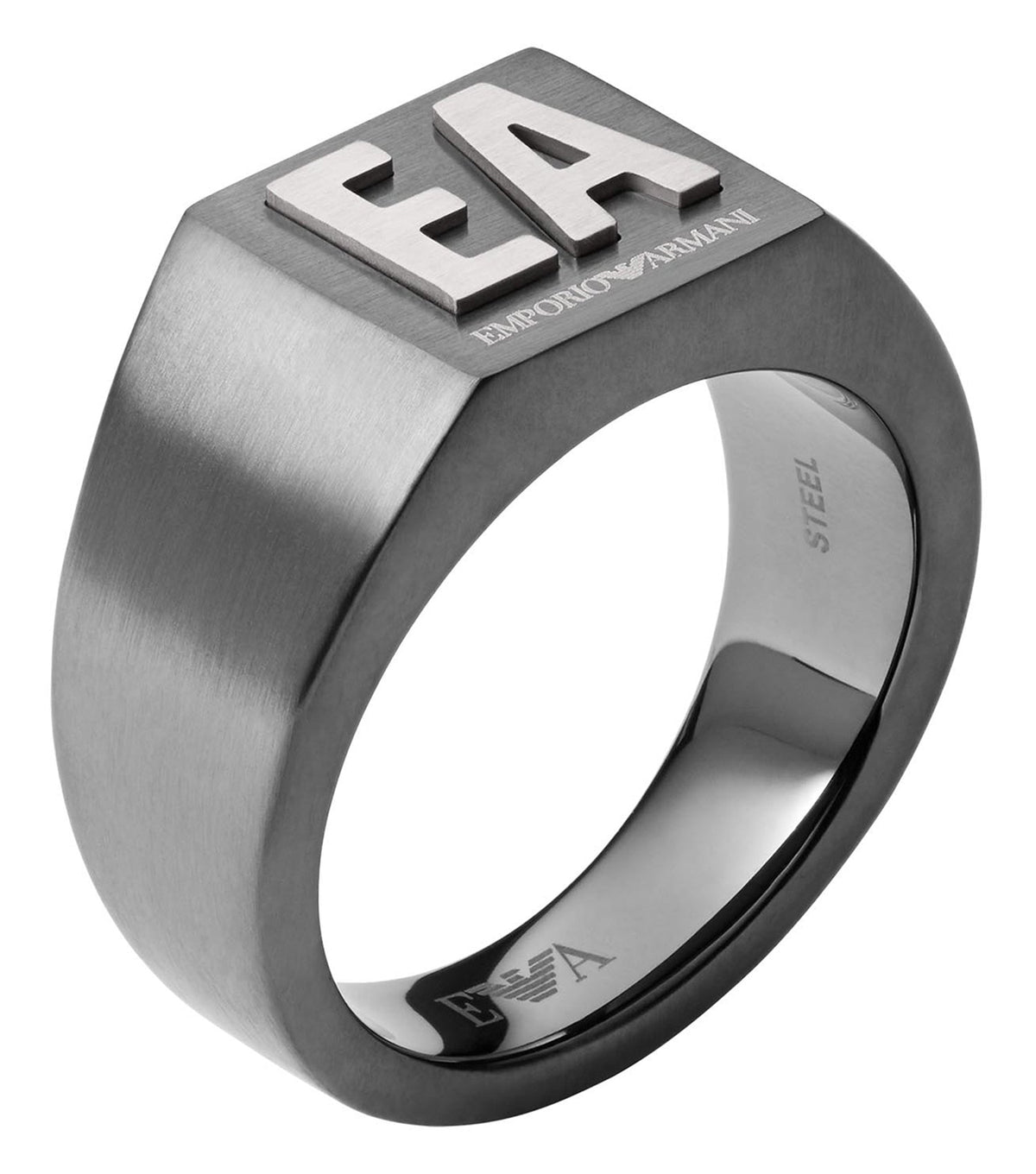 Emporio Armani Jewellery ring in gunmetal color, side-angle view showcasing its sleek and modern design, perfect for fashion enthusiasts.