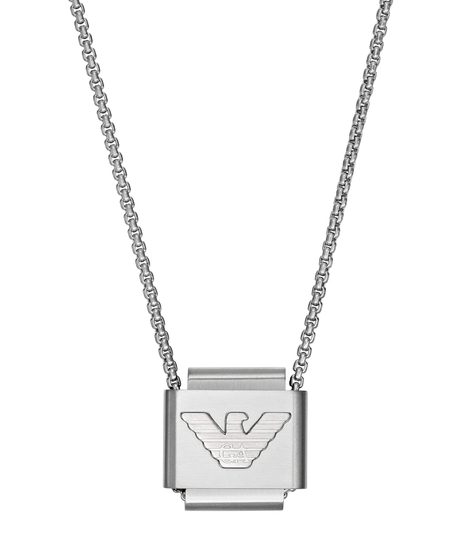 Silver Emporio Armani Jewellery necklace, elegantly displayed at an angle, showcasing smooth links and modern design elements.