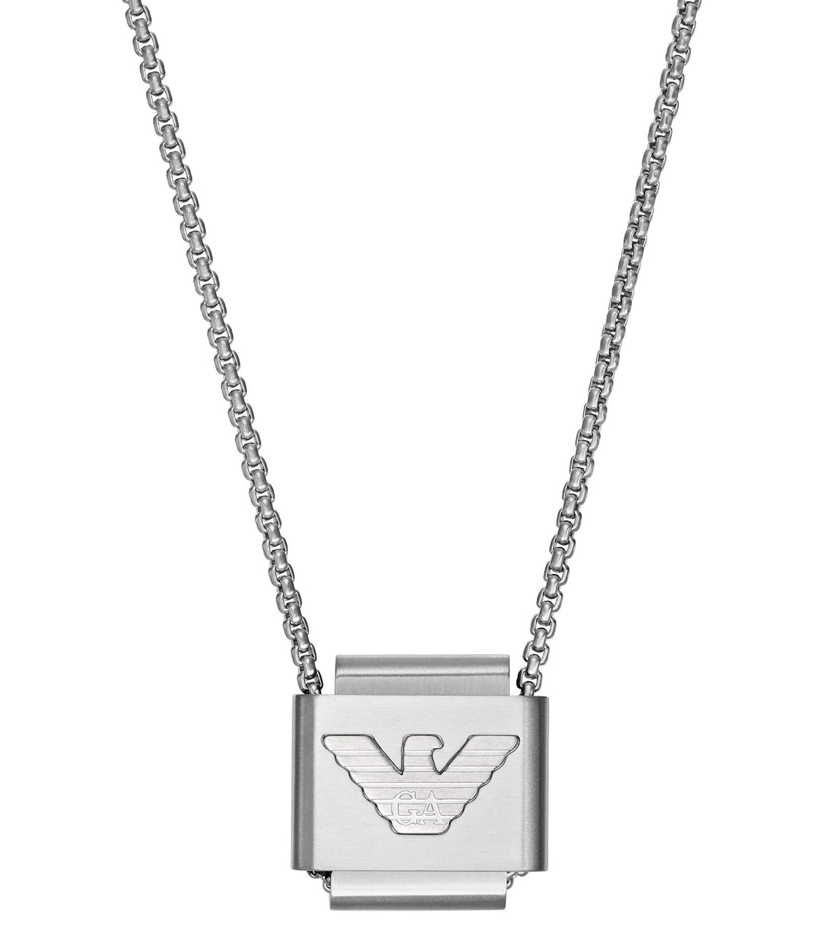 Silver Emporio Armani Jewellery necklace, elegantly displayed at an angle, showcasing smooth links and modern design elements.