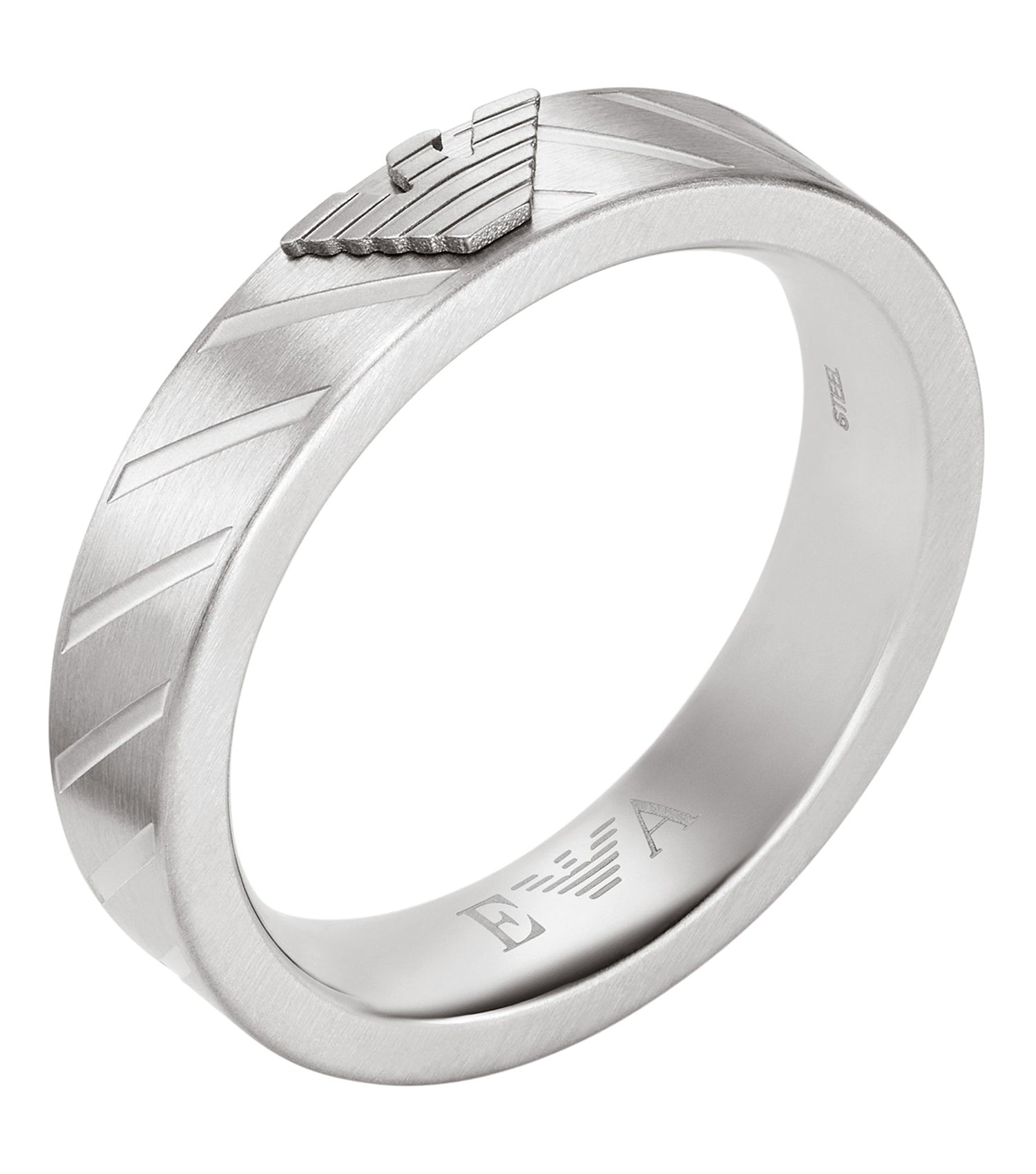 Silver Emporio Armani Jewellery ring, angled display showcasing its sleek, polished design, brand logo, and intricate detailing.