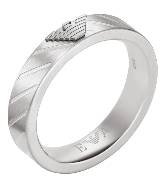 Silver Emporio Armani Jewellery ring, angled display showcasing its sleek, polished design, brand logo, and intricate detailing.