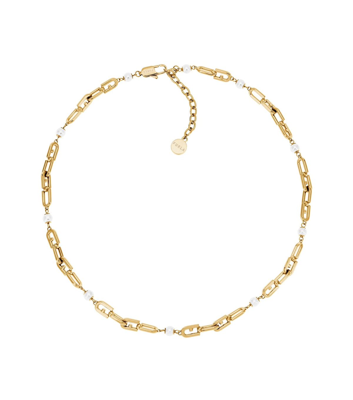 Furla gold necklace, side angle, showcasing elegant chain links with subtle shine, perfect for a sophisticated jewelry collection.