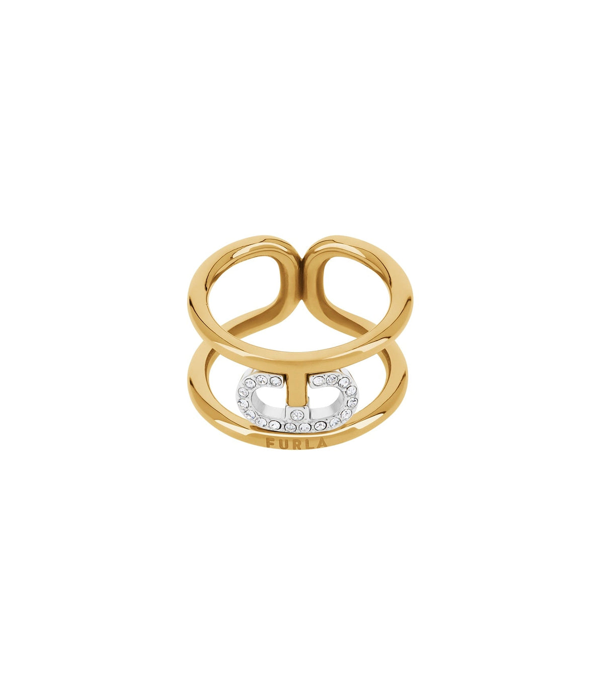 Furla gold ring showcasing sleek elegance from a top-down angle, featuring intricate design details and a luxurious finish.