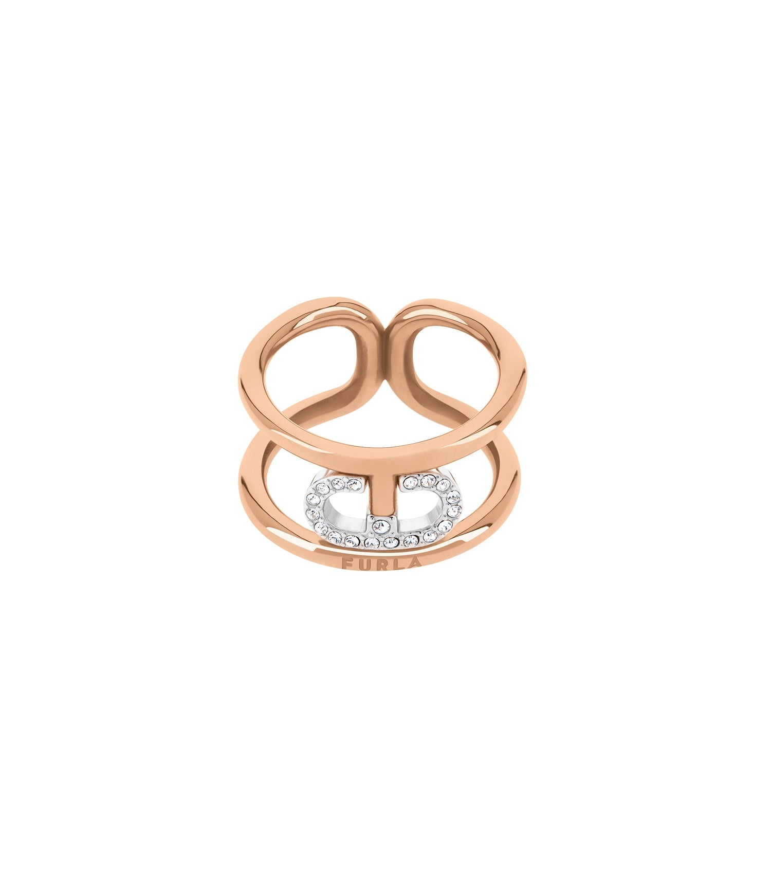 Silver Furla ring, finely crafted, showcases a sleek design viewed from an elegant top angle, embodying timeless grace.