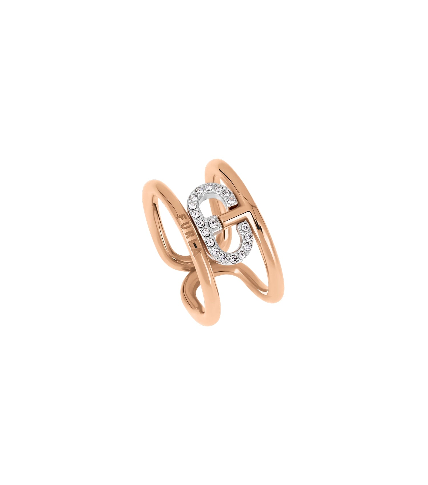 FURLA silver ring featuring a sleek design, displayed at a captivating angle showcasing its elegant curves and subtle details.