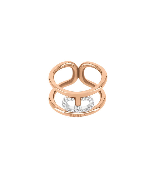 Furla silver ring showcasing an elegant, circular design with a side angle view, capturing its sleek and modern style.