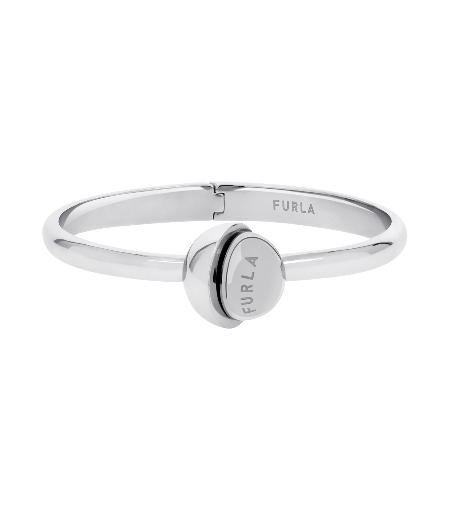 Furla silver bracelet with a sleek, modern design and subtle logo detail, angled for side view showcasing its glossy finish.