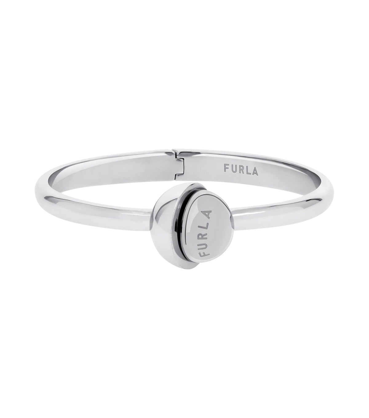 Furla silver bracelet with a sleek, modern design and subtle logo detail, angled for side view showcasing its glossy finish.