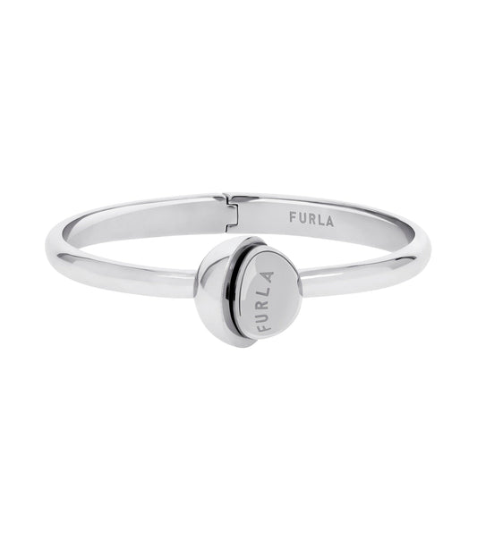 Furla silver bracelet with a sleek, modern design and subtle logo detail, angled for side view showcasing its glossy finish.