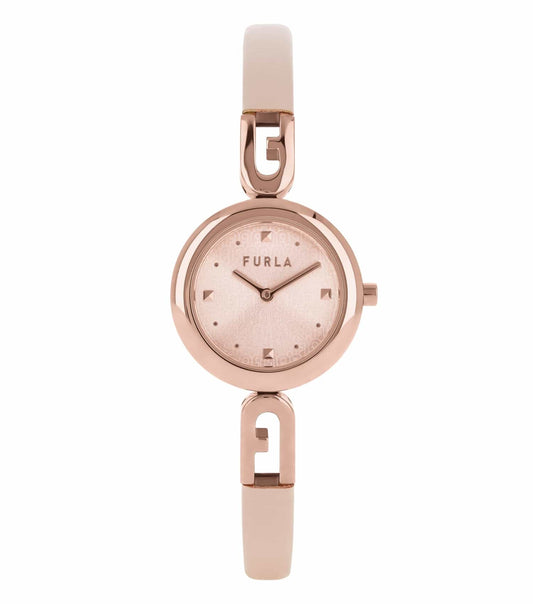 Furla watch in rich leather color, front angle showcasing elegant round dial and minimalistic design.