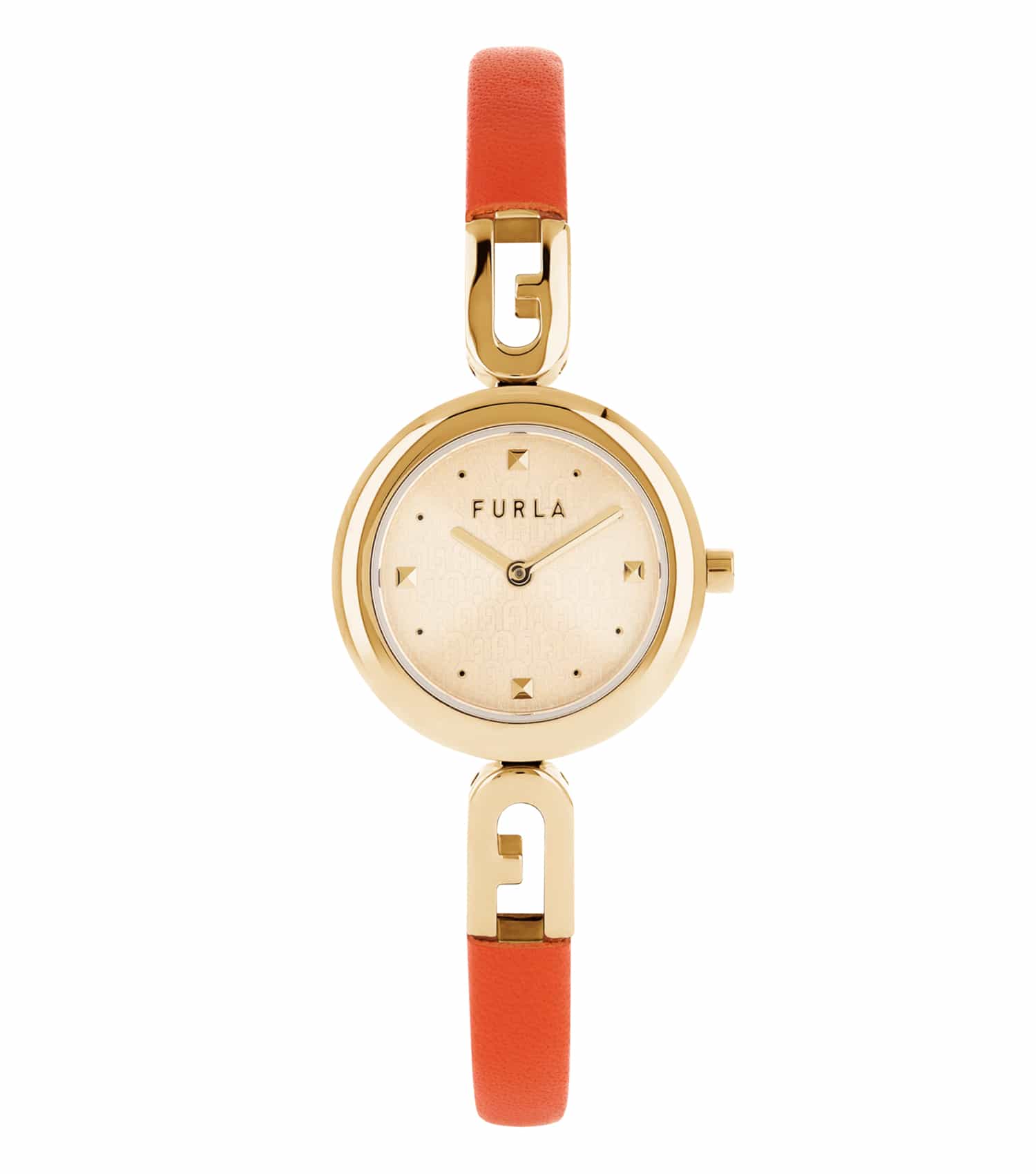 Furla watch with elegant brown leather strap, round silver case, classic design, and frontal angle showcasing timeless style.