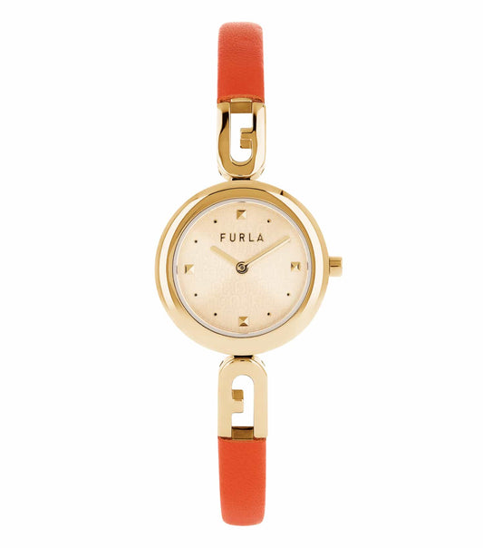 Furla watch with elegant brown leather strap, round silver case, classic design, and frontal angle showcasing timeless style.