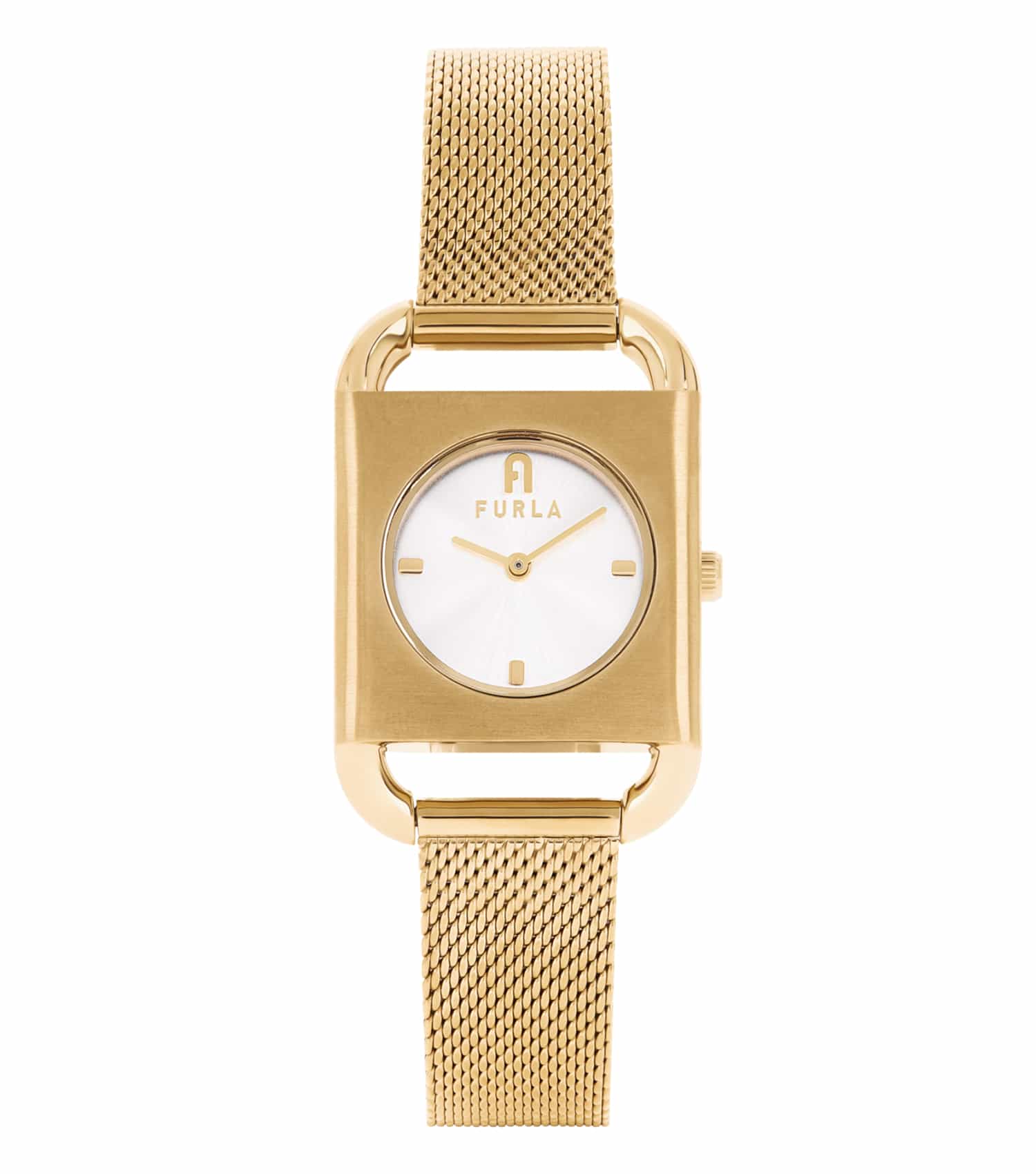 Furla stylish women's watch in light blue, square face with minimalist design, showcased front view, exuding modern elegance.