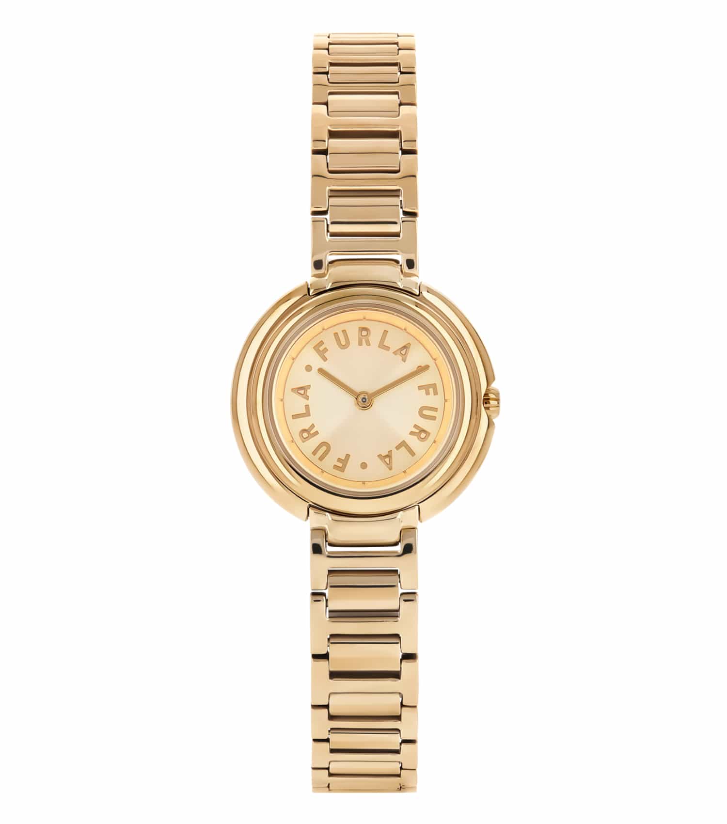Furla round white watch with elegant gold accents, viewed at an angle highlighting its timeless charm against a dark background.