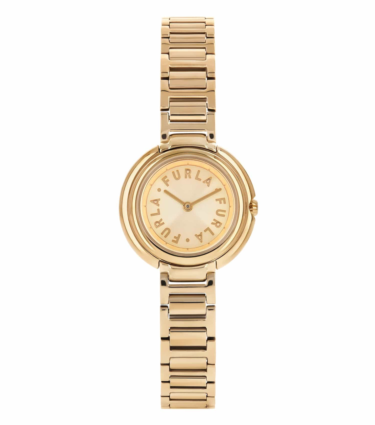 Furla round white watch with elegant gold accents, viewed at an angle highlighting its timeless charm against a dark background.