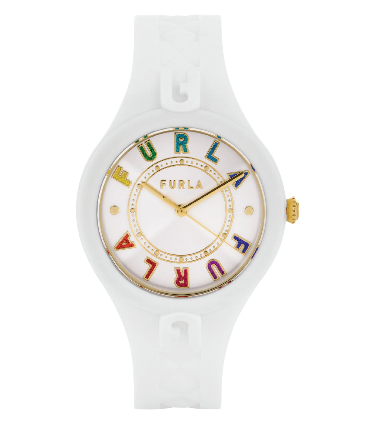 Elegant Furla watch in Quartz color, showcased at a front-facing angle; sleek design with metallic strap and minimalist dial.