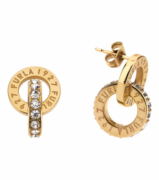 Furla gold earrings, front view, elegant circular design featuring a sophisticated shimmer, must-have accessory for trendsetters.