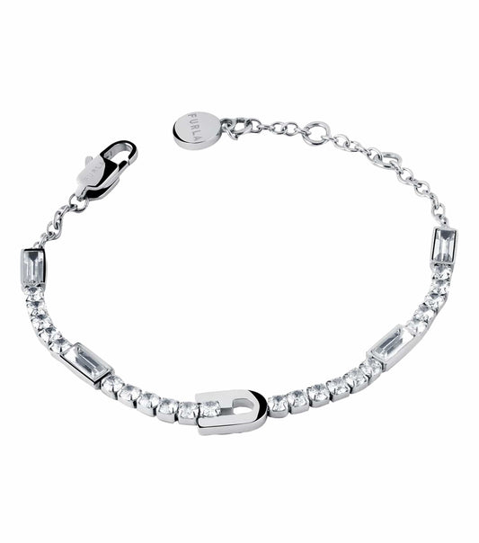 Furla silver bracelet with a sleek, elegant design shown from a top angle, highlighting its smooth, shiny surface and minimalist charm.