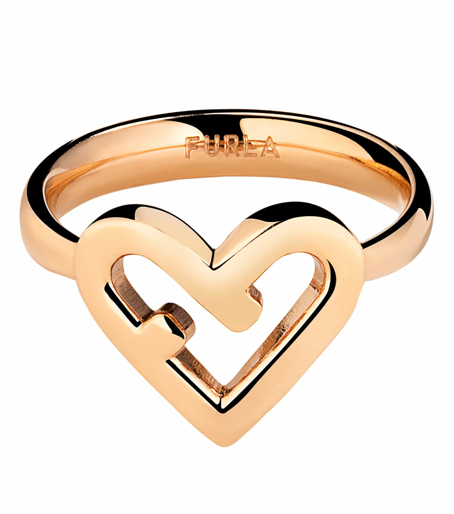Rose Gold Furla ring beautifully angled to showcase its elegant, polished finish, capturing luxury and sophistication in jewelry.