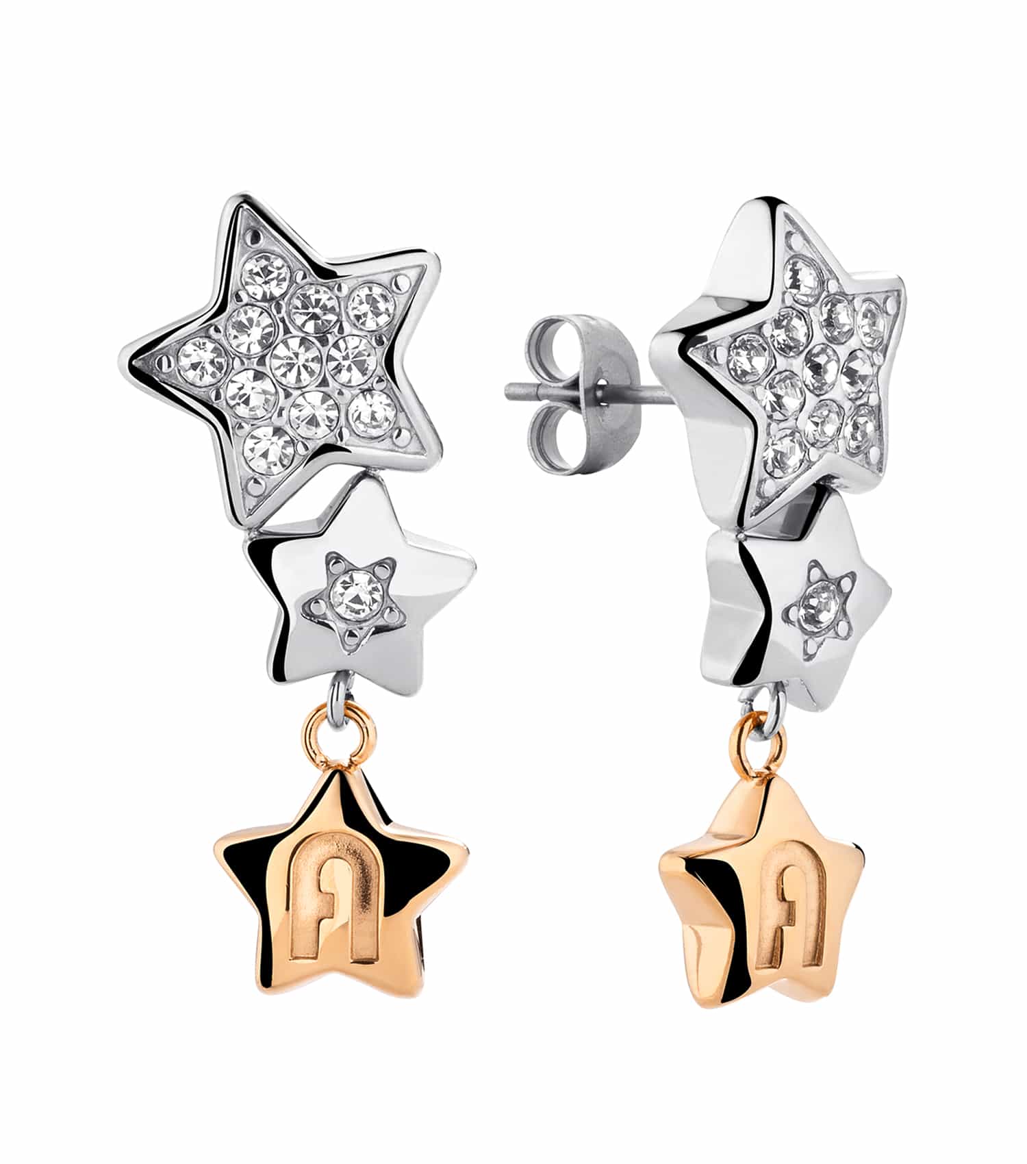 Furla earring with elegant silver and rose gold hues, displayed at an angle showcasing its intricate design details.