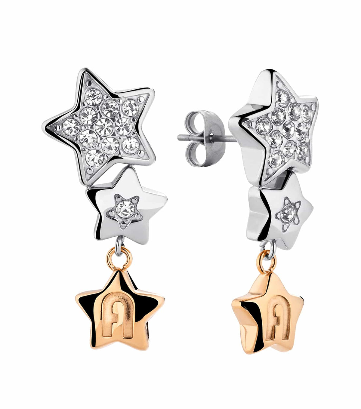 Furla earring with elegant silver and rose gold hues, displayed at an angle showcasing its intricate design details.