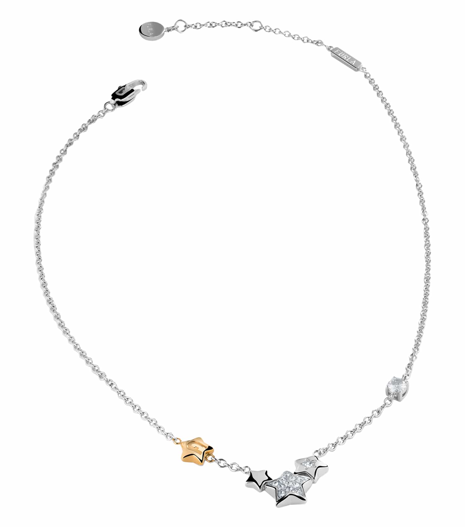 Furla silver & rose gold necklace elegantly displayed in a horizontal angle, showcasing exquisite craftsmanship and dual-tone elegance.