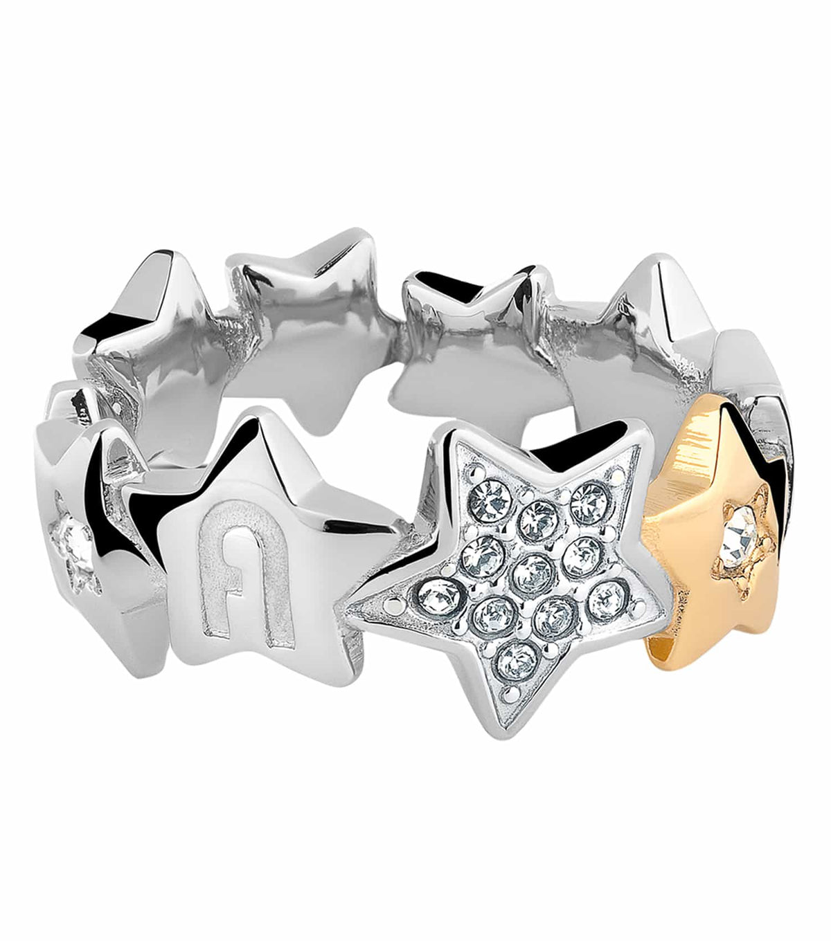 Furla silver & rose gold ring at a 45-degree angle, showcasing its elegant dual-tone design and modern appeal.