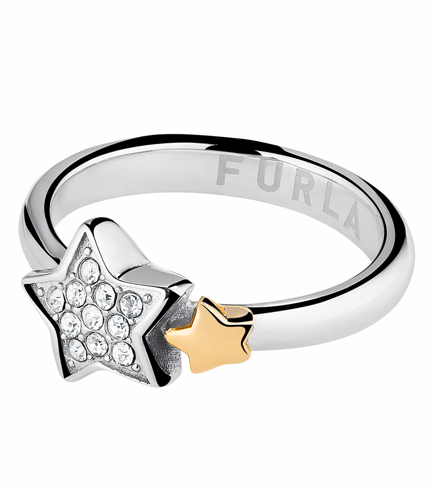 Furla silver and rose gold ring with elegant intertwined design, shown at a 45-degree angle, showcasing its luxurious craftsmanship.