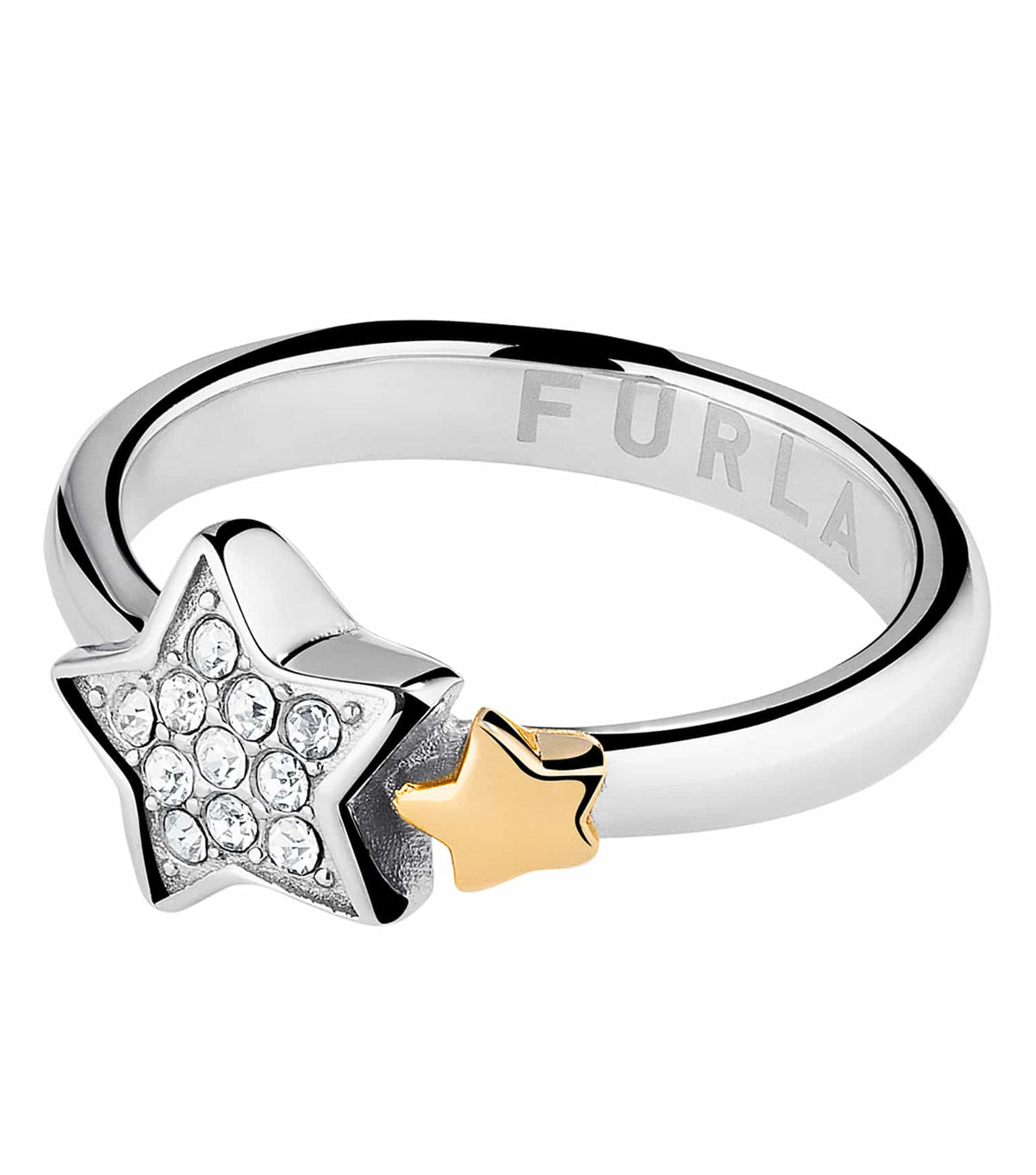 Furla silver and rose gold ring with elegant intertwined design, shown at a 45-degree angle, showcasing its luxurious craftsmanship.
