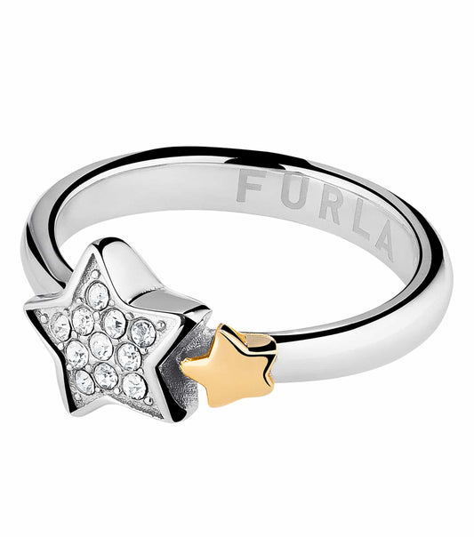 Furla silver and rose gold ring with elegant intertwined design, shown at a 45-degree angle, showcasing its luxurious craftsmanship.