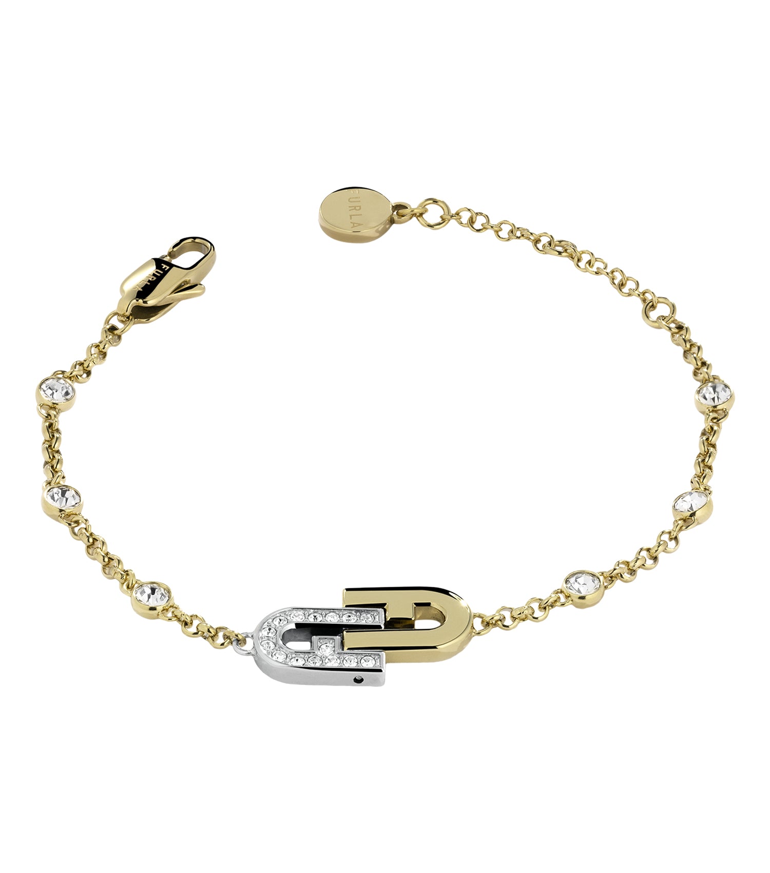 Furla silver and yellow gold bracelet with elegant intertwining design, displayed in front view, exuding luxury and style.