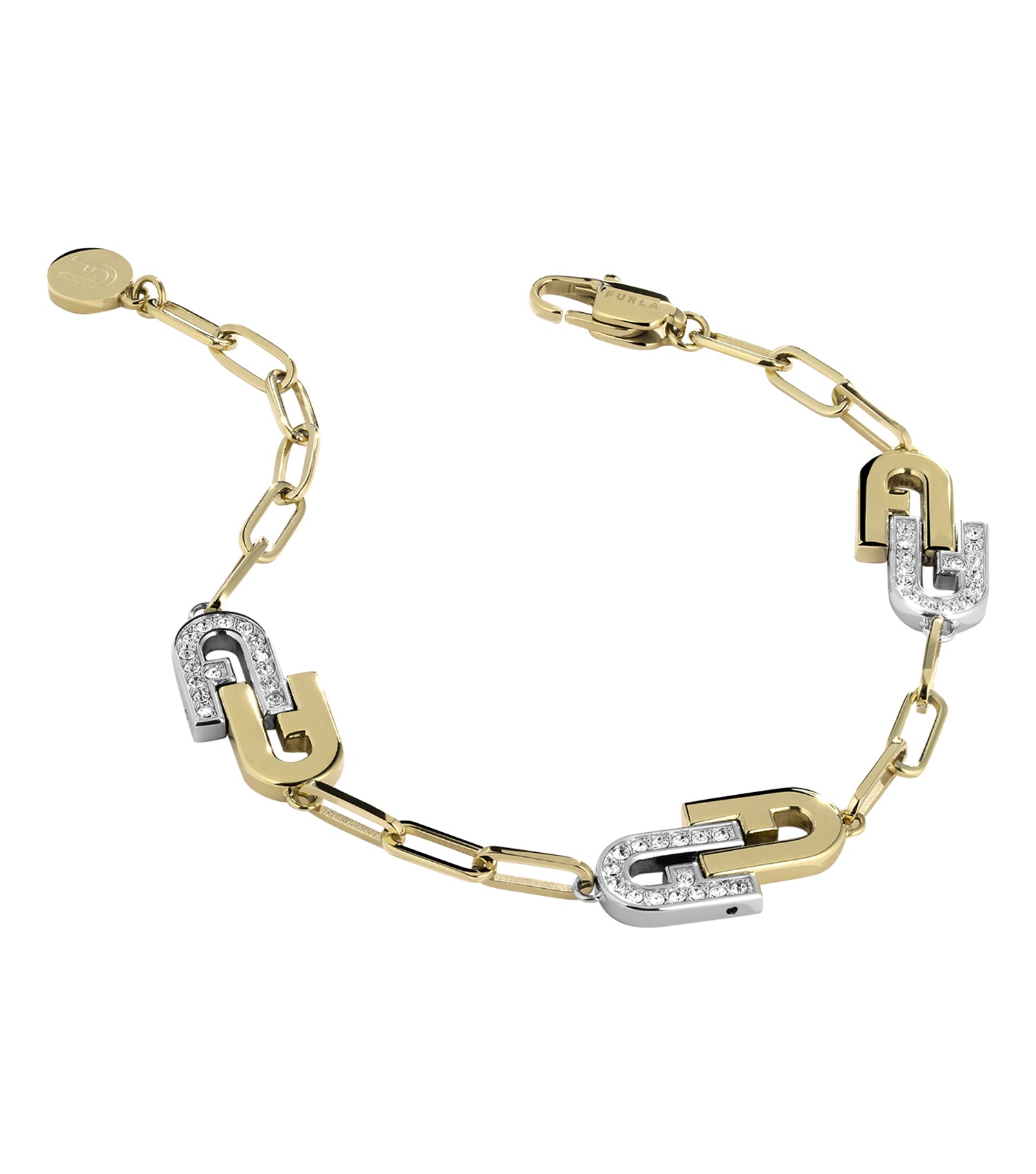 Furla bracelet in silver and yellow gold tones, angled front view, showcasing elegant artistry and sophisticated design.