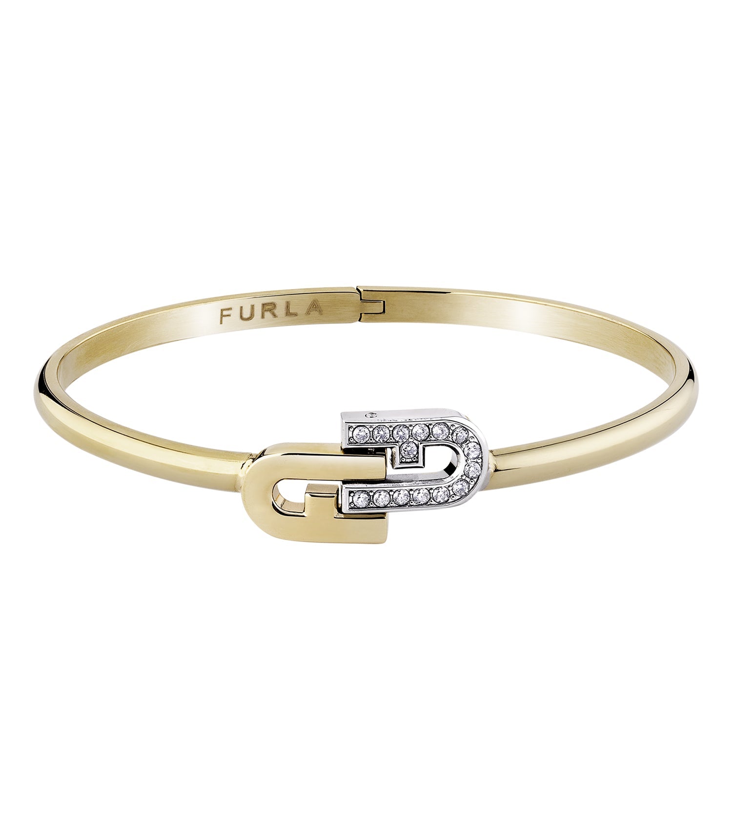 Furla bracelet in silver and yellow gold tones, showcasing intricate design from a front angle, highlighting luxury and elegance.