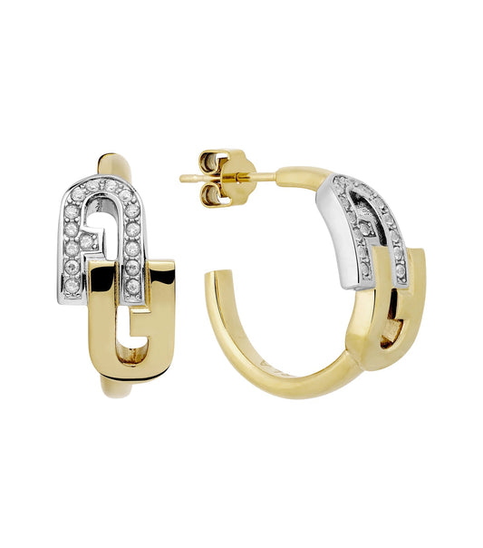 Furla silver and yellow gold hoop earring, side angle view, showcasing elegant intertwined design, statement accessory.