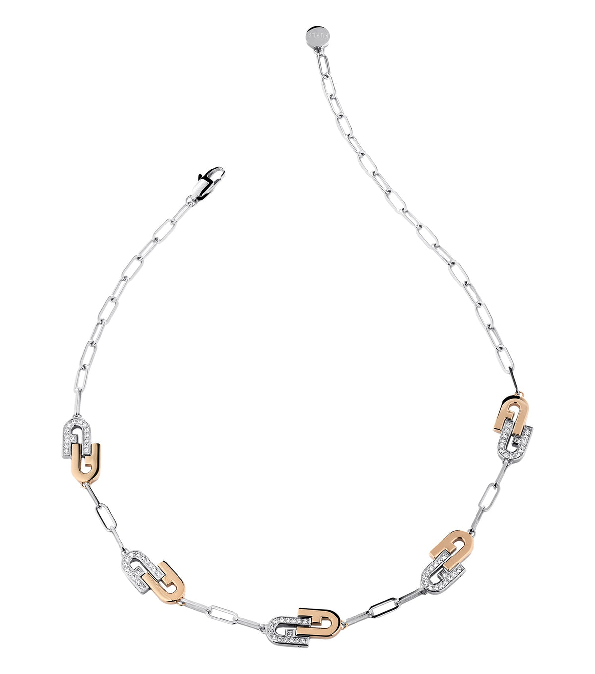 Furla silver and yellow gold-tone necklace displayed at an angle showcasing its intricate design and lustrous details.