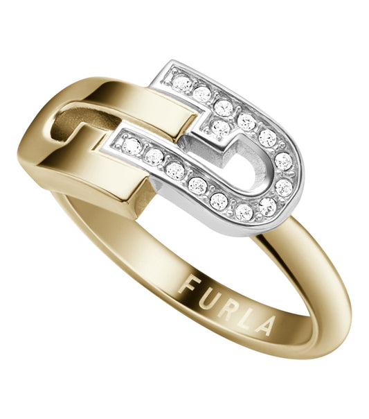 Furla silver and yellow gold ring, angled view displaying intricate design and dual-tone elegance, ideal for jewelry enthusiasts.