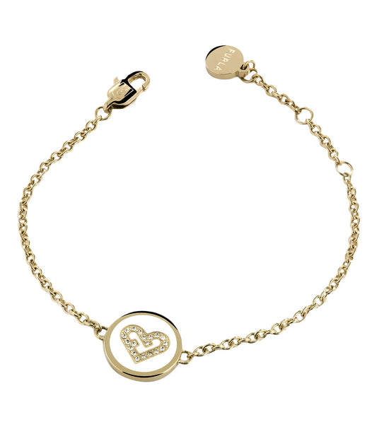Furla Yellow Gold Bracelet showcasing elegant shine, angled from top view, with intricate detailing highlighting its luxurious design.