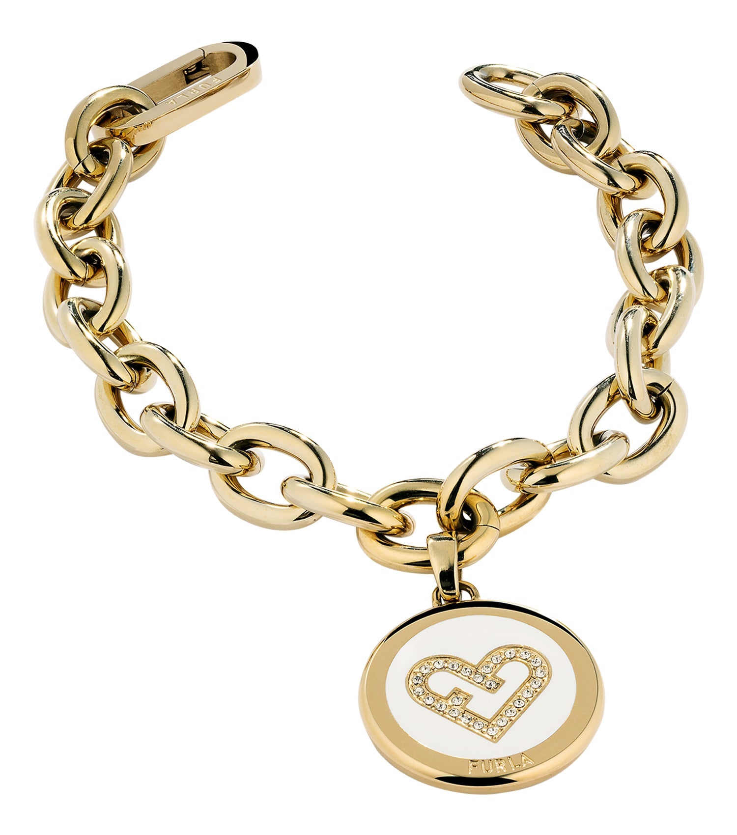 Furla yellow bracelet with gold-tone, side angle view showcasing intricate details, exudes elegance and passion for fine accessories.