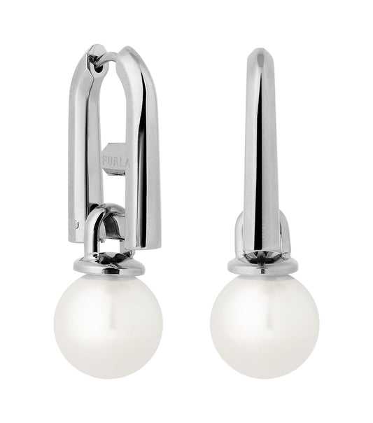 Furla silver earring with a sleek metallic finish, center-framed image showing side angle, reflecting elegance and style.