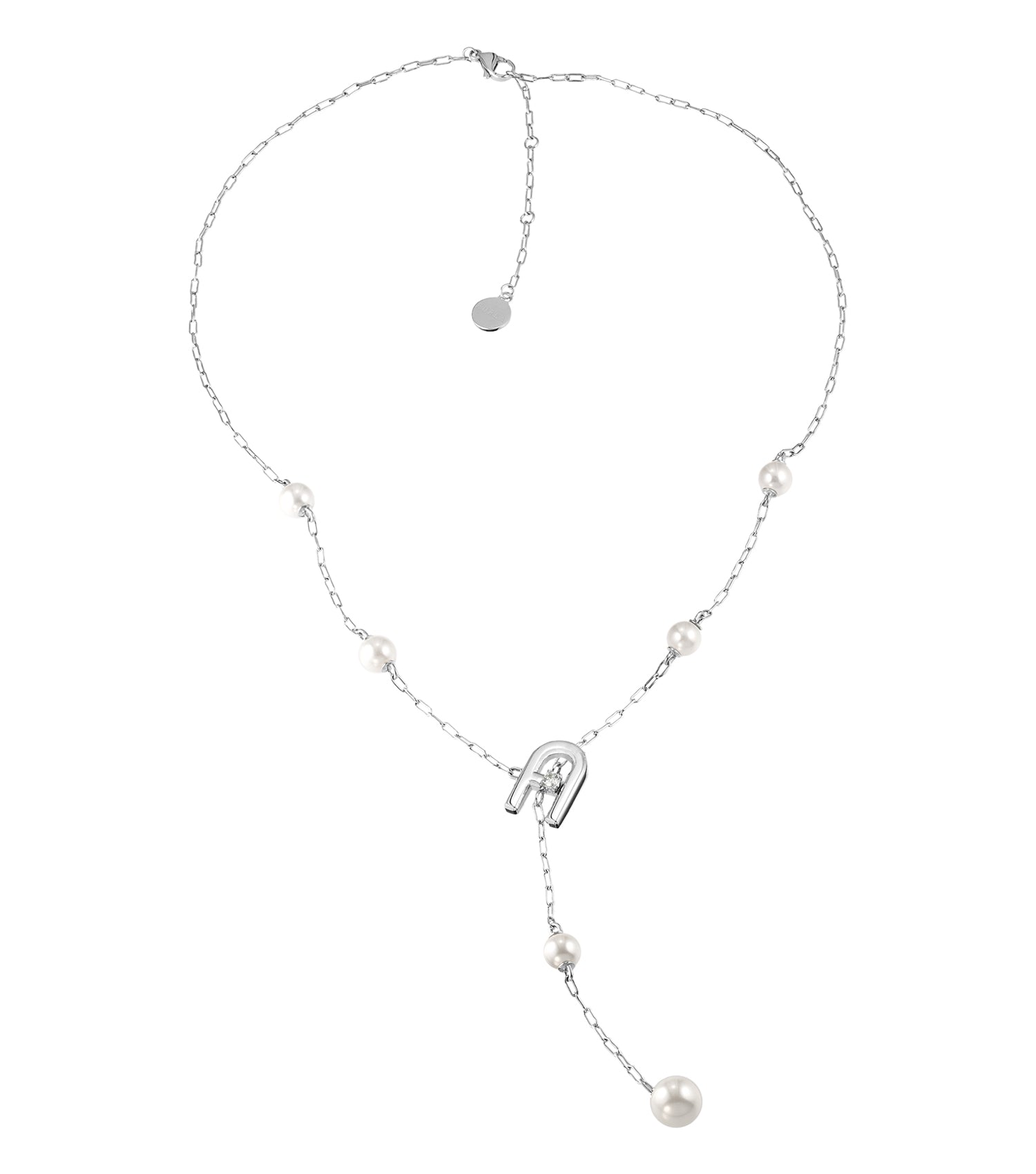 Elegant Furla silver necklace, subtly polished, delicately draped, and angled for a seamless, sophisticated look.