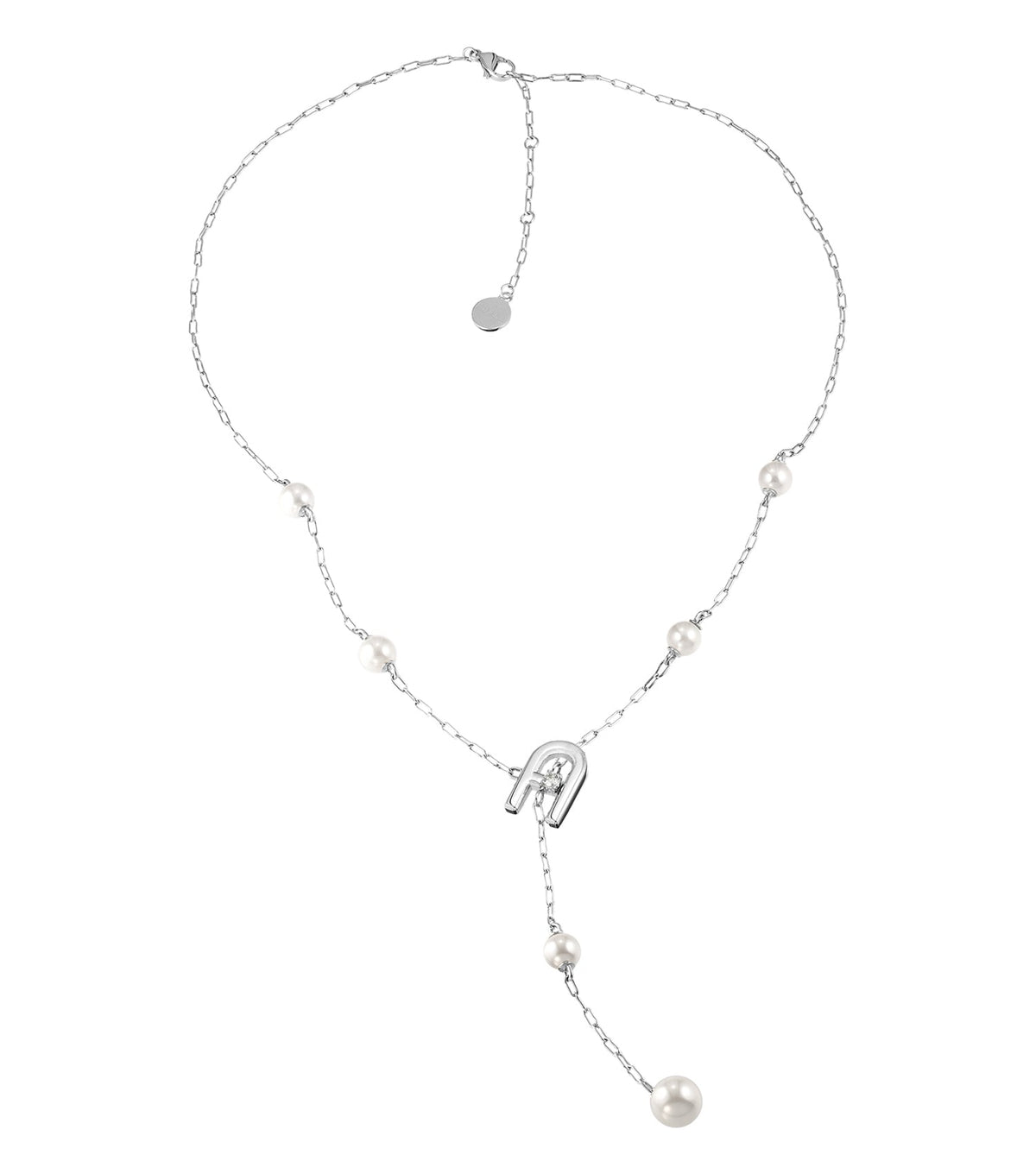 Elegant Furla silver necklace, subtly polished, delicately draped, and angled for a seamless, sophisticated look.