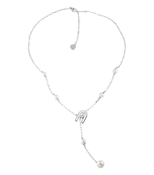 Elegant Furla silver necklace, subtly polished, delicately draped, and angled for a seamless, sophisticated look.