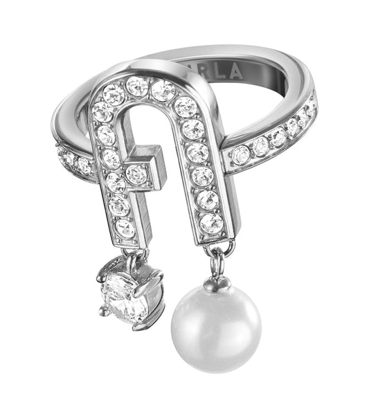 Furla silver-colored ring, elegant and smooth, positioned at a 50-degree angle, showcasing its sleek and stylish design.
