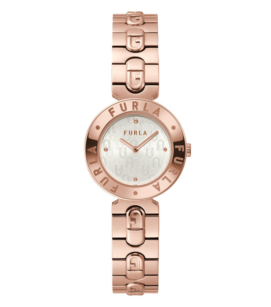 Furla Quartz Watch in soft pink, close-up angle; featuring a classic round face, metallic accents, and minimalist design.