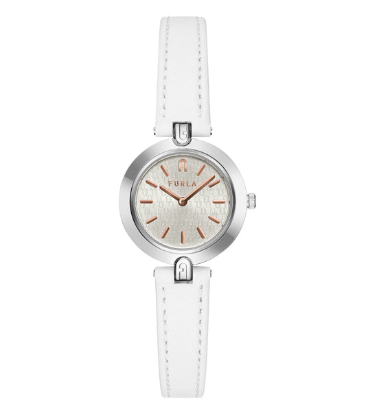 Furla watch in gold, logo color face, elegant round design, angle showing detailed side profile, crafted fashion statement.