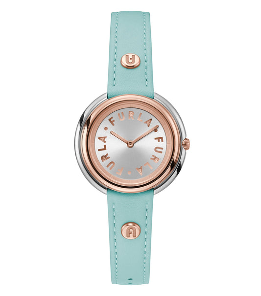 Furla watch in elegant rose gold, displayed at a 45-degree angle, showcasing its sleek round dial and minimalist design.